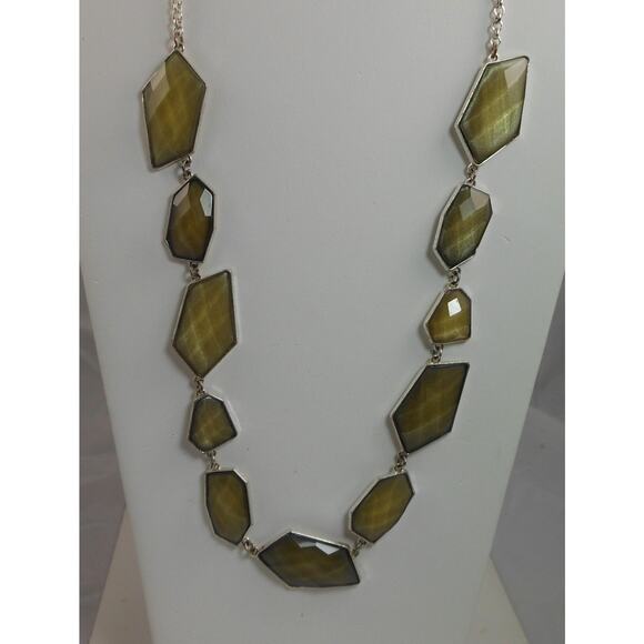 Green Geometric Link Pendant Necklace | Long 36 Silver Necklace | Designer - Picture 1 of 7